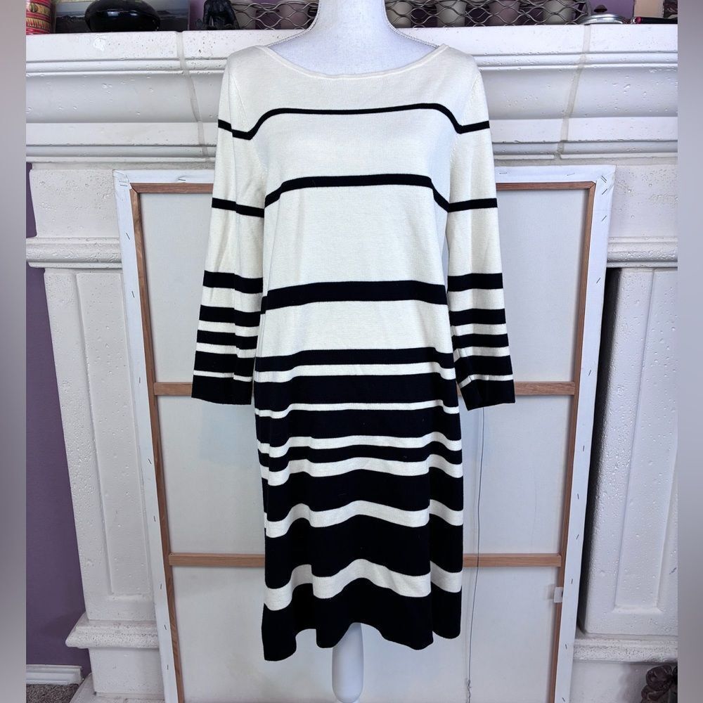 LOFT Black and White Striped Long Sleeve Ponte Knit/Sweater Dress - Picture 2 of 5
